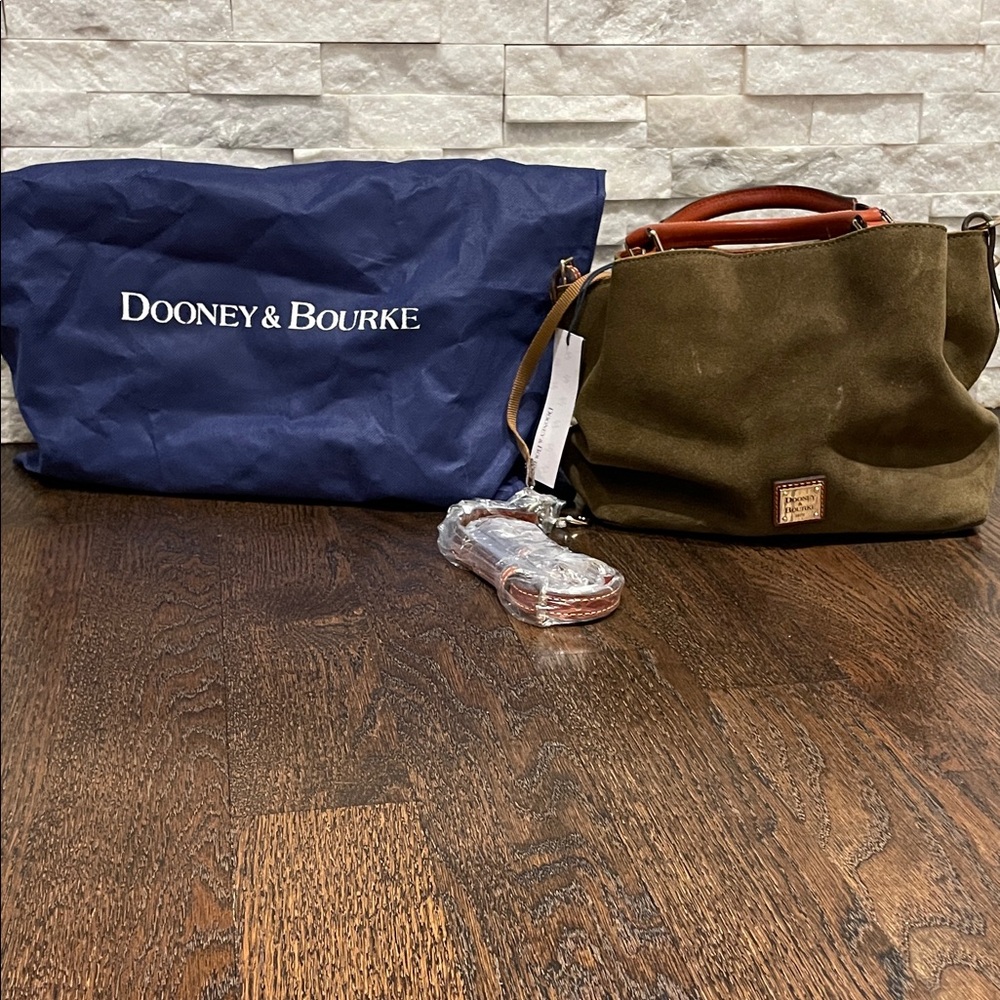 Dooney & Bourke Green Suede Bag with Brown Accents.